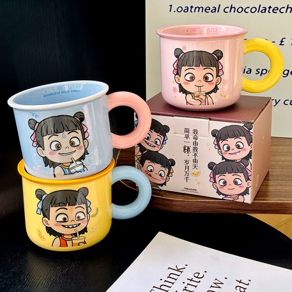 Nezha Magic Child Ceramic Mug with Lid - Cute Girls Coffee Cup for Birthdays, Perfect Gift for 2025