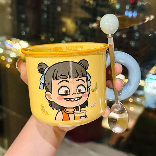 Nezha Magic Child Ceramic Mug with Lid - Cute Girls Coffee Cup for Birthdays, Perfect Gift for 2025