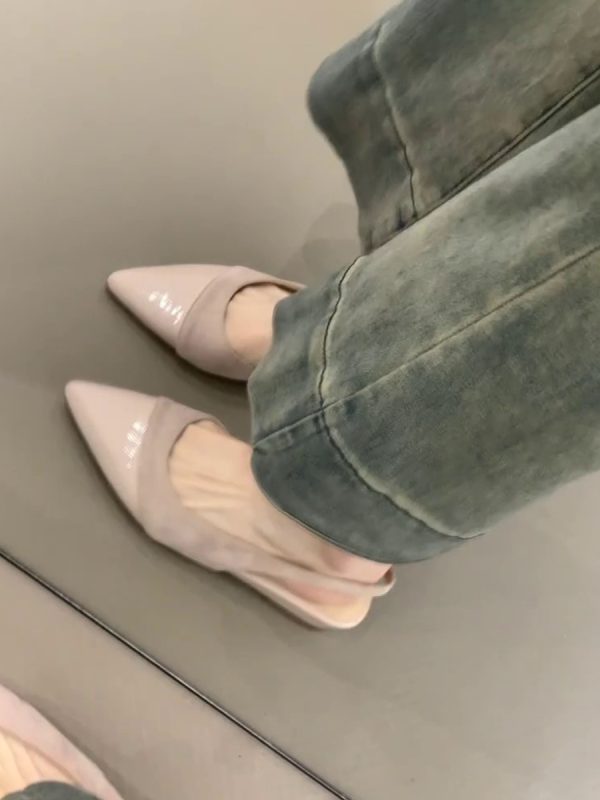 Nude Color Sheepskin Wedge Sandals for Women - Pointed Toe, Backless, Open Toe, French Gentle Style, Commuting Footwear