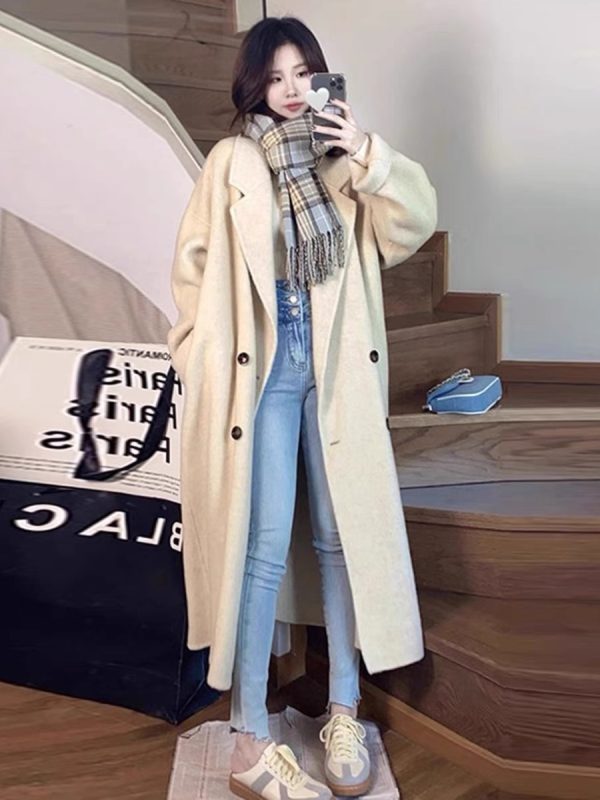 Oatmeal Cashmere Coat for Women, Mid-Length 2024 Winter Korean Style High-End Down Jacket with Thick Inner Lining Outerwear