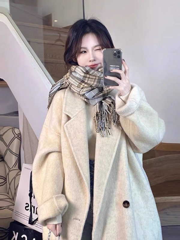 Oatmeal Cashmere Coat for Women, Mid-Length 2024 Winter Korean Style High-End Down Jacket with Thick Inner Lining Outerwear