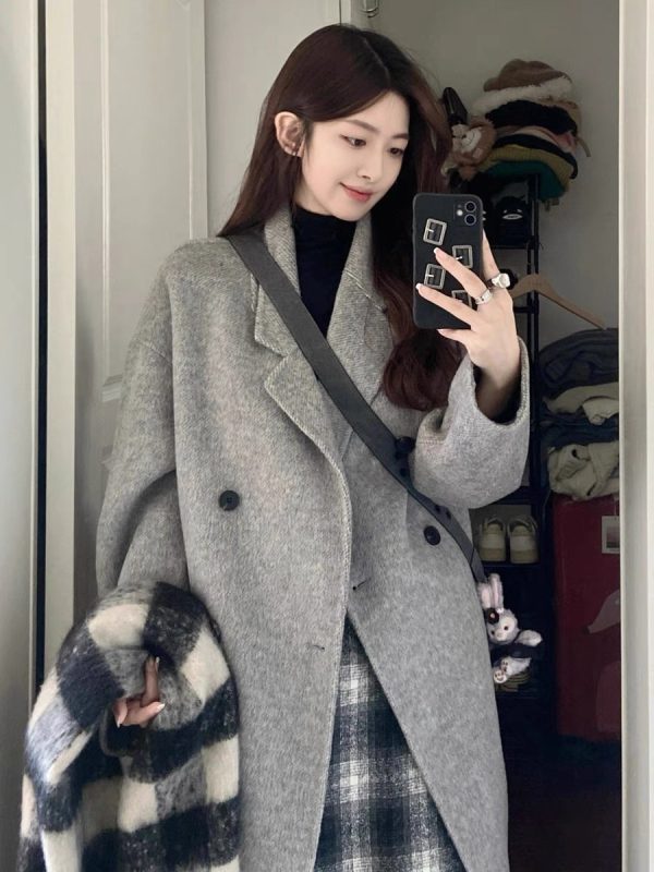 Oatmeal Cashmere Coat for Women, Mid-Length 2024 Winter Korean Style High-End Down Jacket with Thick Inner Lining Outerwear