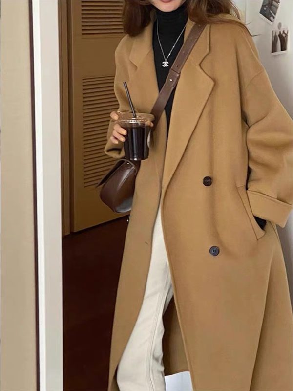 Oatmeal Cashmere Coat for Women, Mid-Length 2024 Winter Korean Style High-End Down Jacket with Thick Inner Lining Outerwear
