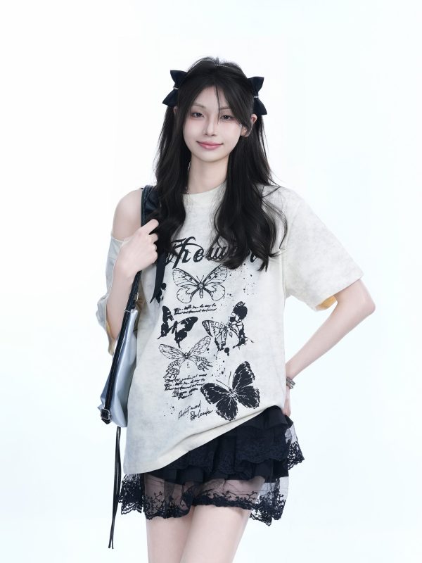 Off-Shoulder Butterfly Knot Tie Short Sleeve T-Shirt for Women - Summer Loose Fit Casual Top, Sweet Cool Style, Y2K Aesthetic