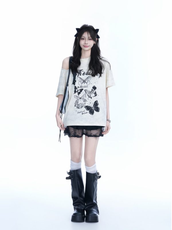 Off-Shoulder Butterfly Knot Tie Short Sleeve T-Shirt for Women - Summer Loose Fit Casual Top, Sweet Cool Style, Y2K Aesthetic