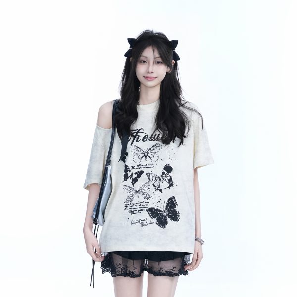 Off-Shoulder Butterfly Knot Tie Short Sleeve T-Shirt for Women - Summer Loose Fit Casual Top, Sweet Cool Style, Y2K Aesthetic