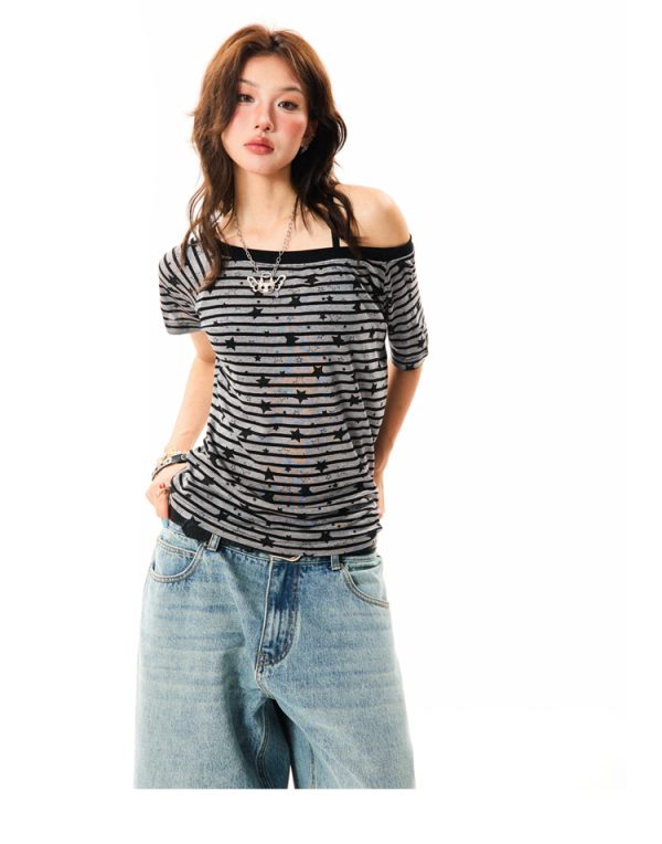 Off-Shoulder Color-Blocking Striped T-Shirt for Women - Summer Spicy Girl Style, Versatile Short Sleeve Top