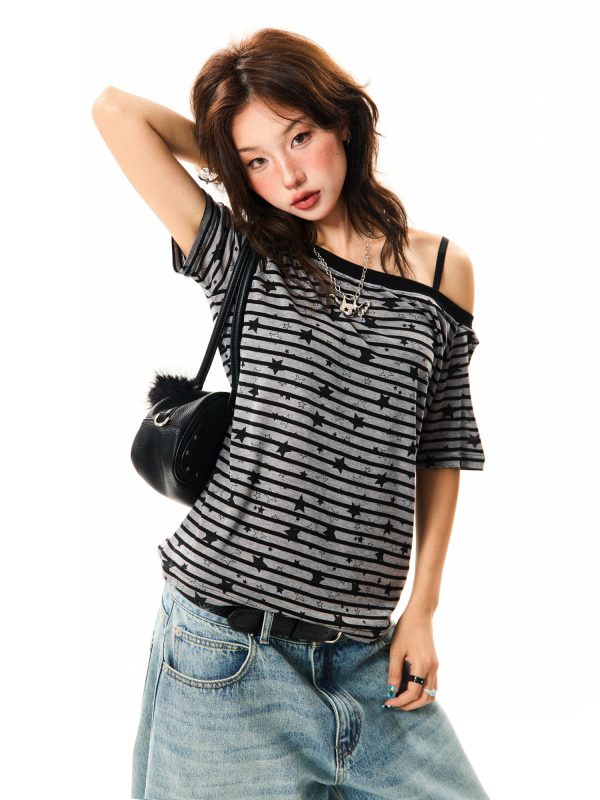 Off-Shoulder Color-Blocking Striped T-Shirt for Women - Summer Spicy Girl Style, Versatile Short Sleeve Top