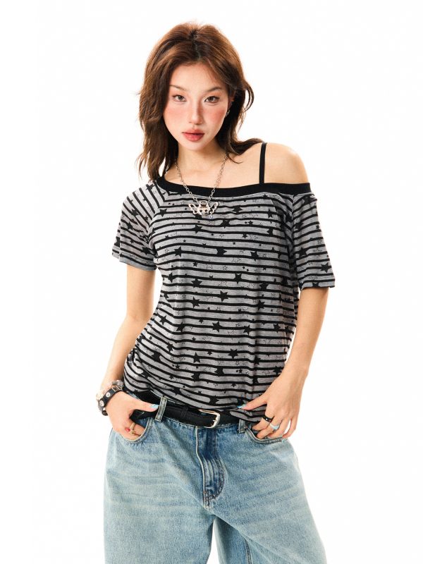 Off-Shoulder Color-Blocking Striped T-Shirt for Women - Summer Spicy Girl Style, Versatile Short Sleeve Top