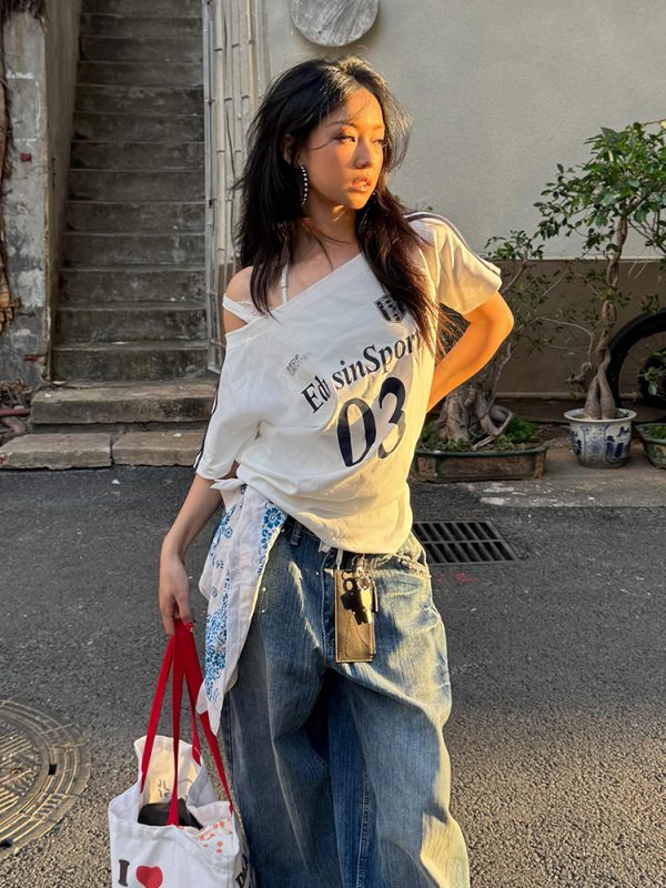 Off-Shoulder Color-Blocking T-Shirt for Women - Spicy Girl Summer Top with Letter Print and Woven Strap, Y2K Loose Fit Style