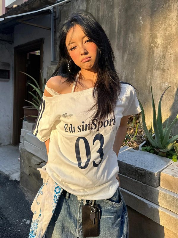 Off-Shoulder Color-Blocking T-Shirt for Women - Spicy Girl Summer Top with Letter Print and Woven Strap, Y2K Loose Fit Style