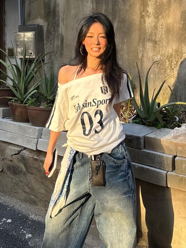 Off-Shoulder Color-Blocking T-Shirt for Women - Spicy Girl Summer Top with Letter Print and Woven Strap, Y2K Loose Fit Style