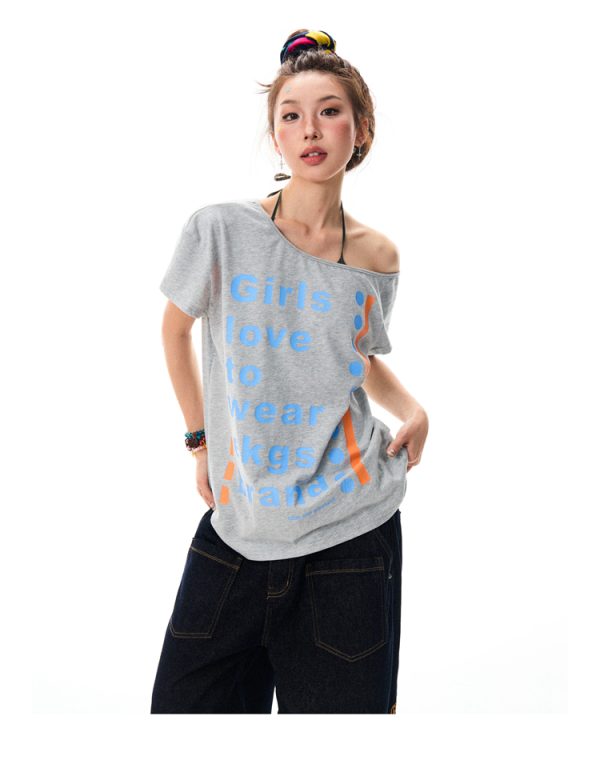 Off-Shoulder Floral Gray T-Shirt for Women - Sexy Asymmetrical Short Sleeve Top, Summer 90s Style American Letter Print