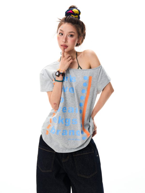 Off-Shoulder Floral Gray T-Shirt for Women - Sexy Asymmetrical Short Sleeve Top, Summer 90s Style American Letter Print