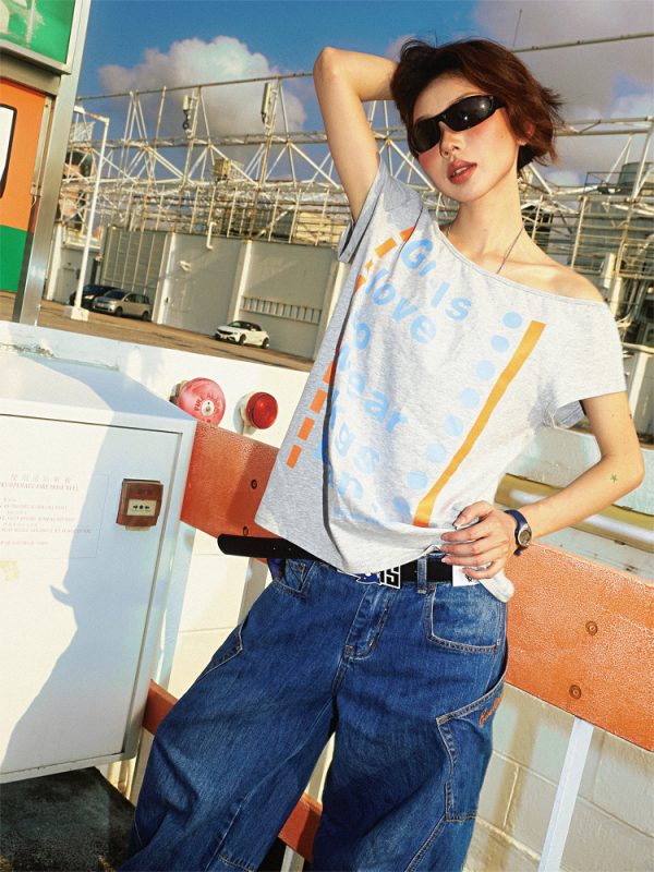 Off-Shoulder Floral Gray T-Shirt for Women - Sexy Asymmetrical Short Sleeve Top, Summer 90s Style American Letter Print