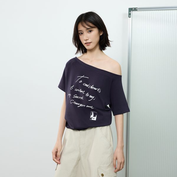 Off-Shoulder Letter Print Short Sleeve T-Shirt for Women - Casual Loose Slim Summer Top, American Street Style