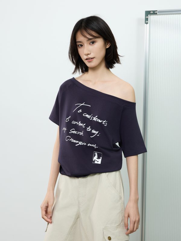 Off-Shoulder Letter Print Short Sleeve T-Shirt for Women - Casual Loose Slim Summer Top, American Street Style