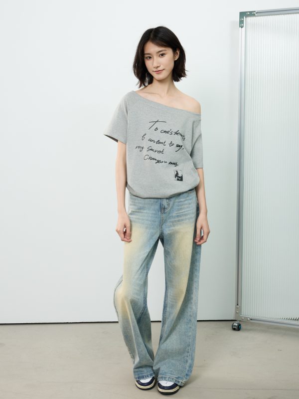 Off-Shoulder Letter Print Short Sleeve T-Shirt for Women - Casual Loose Slim Summer Top, American Street Style