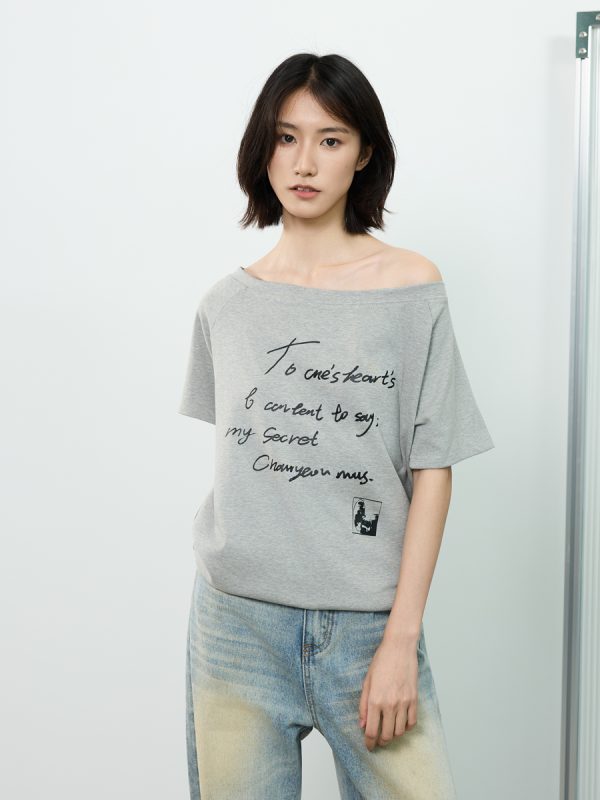 Off-Shoulder Letter Print Short Sleeve T-Shirt for Women - Casual Loose Slim Summer Top, American Street Style