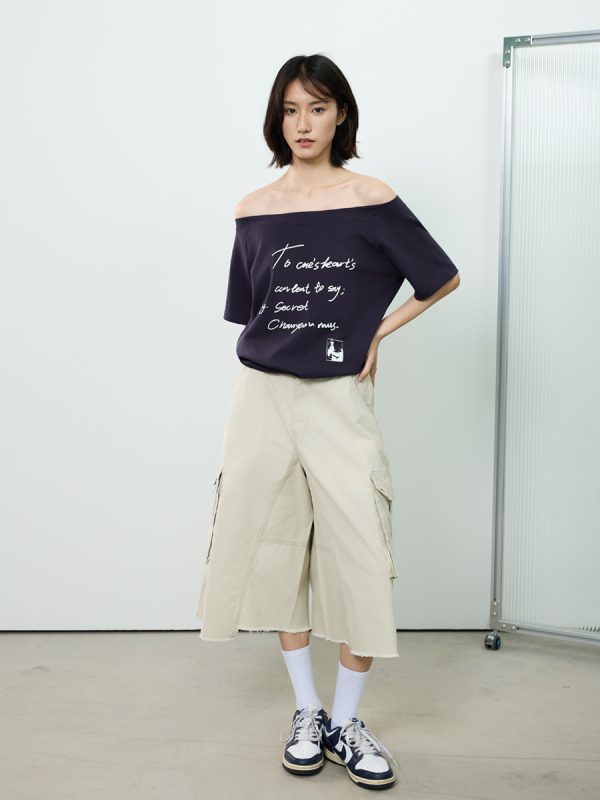 Off-Shoulder Letter Print Short Sleeve T-Shirt for Women - Casual Loose Slim Summer Top, American Street Style