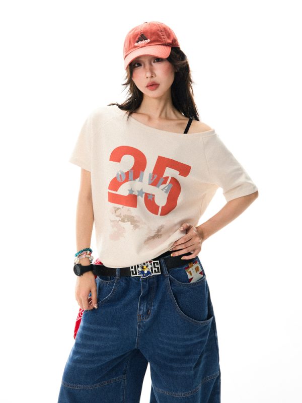 Off-Shoulder Letter Print Short-Sleeve T-Shirt for Women - Spicy Girl Style, Slim-Fit Casual Summer Top, American Fashion, Versatile 90s Vibe