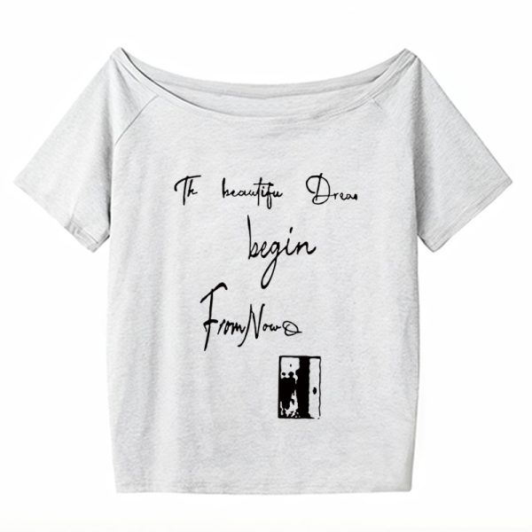 Off-Shoulder Letter Print T-Shirt for Women - Casual Loose Fit Summer Top, American Style, Slimming One-Shoulder Design