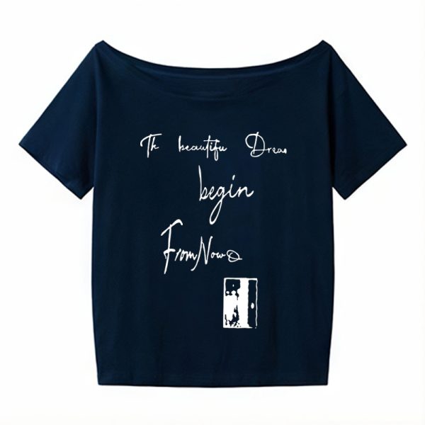 Off-Shoulder Letter Print T-Shirt for Women - Casual Loose Fit Summer Top, American Style, Slimming One-Shoulder Design