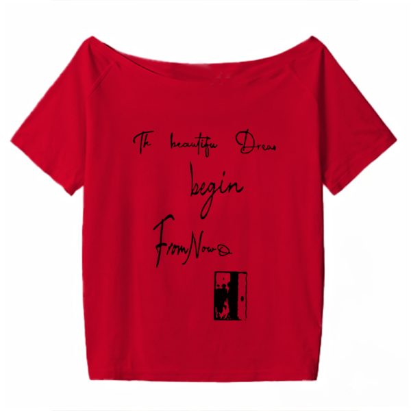 Off-Shoulder Letter Print T-Shirt for Women - Casual Loose Fit Summer Top, American Style, Slimming One-Shoulder Design