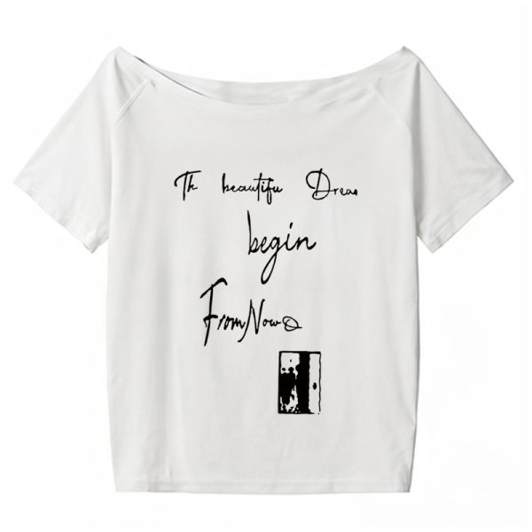 Off-Shoulder Letter Print T-Shirt for Women - Casual Loose Fit Summer Top, American Style, Slimming One-Shoulder Design