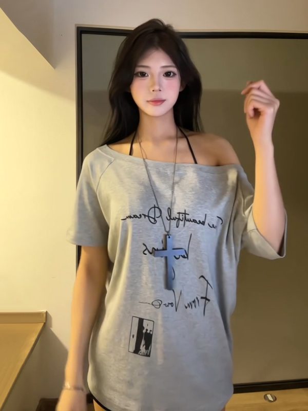 Off-Shoulder Letter Print T-Shirt for Women - Casual Loose Fit Summer Top, American Style, Slimming One-Shoulder Design