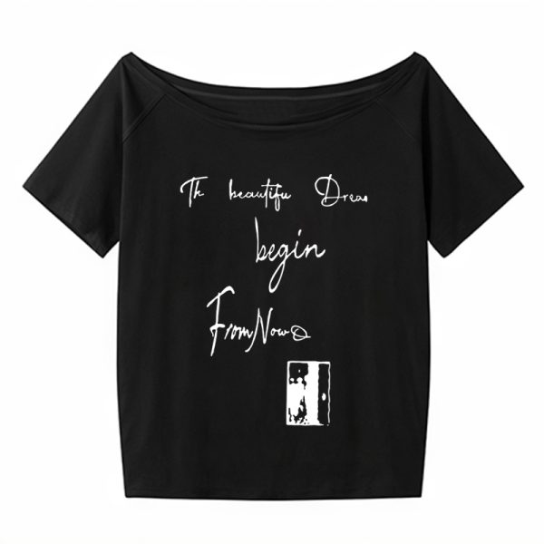 Off-Shoulder Letter Print T-Shirt for Women - Casual Loose Fit Summer Top, American Style, Slimming One-Shoulder Design