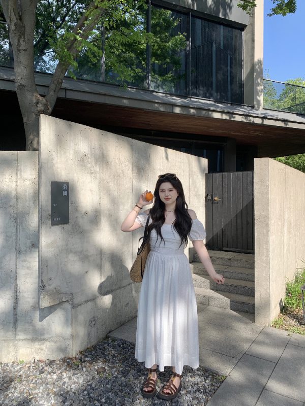 Off-Shoulder Little White Dress with Pleats, Embroidery, and Polka Dots â€“ South France Holiday Style