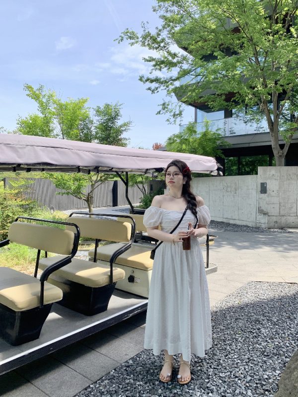 Off-Shoulder Little White Dress with Pleats, Embroidery, and Polka Dots â€“ South France Holiday Style