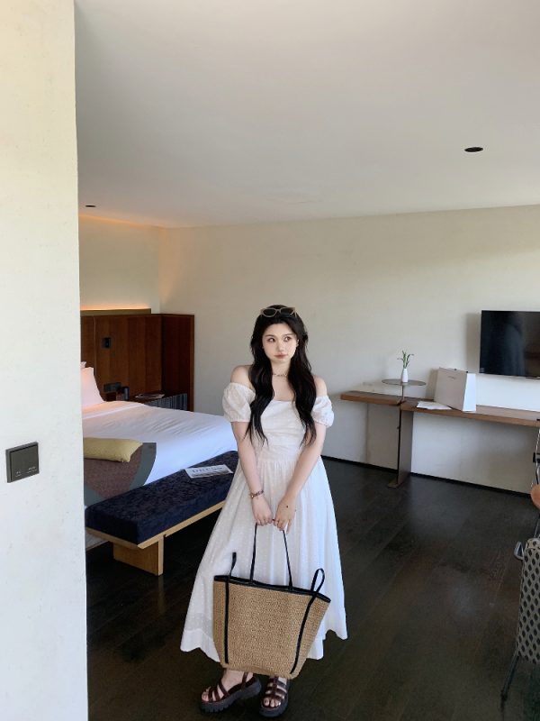 Off-Shoulder Little White Dress with Pleats, Embroidery, and Polka Dots â€“ South France Holiday Style