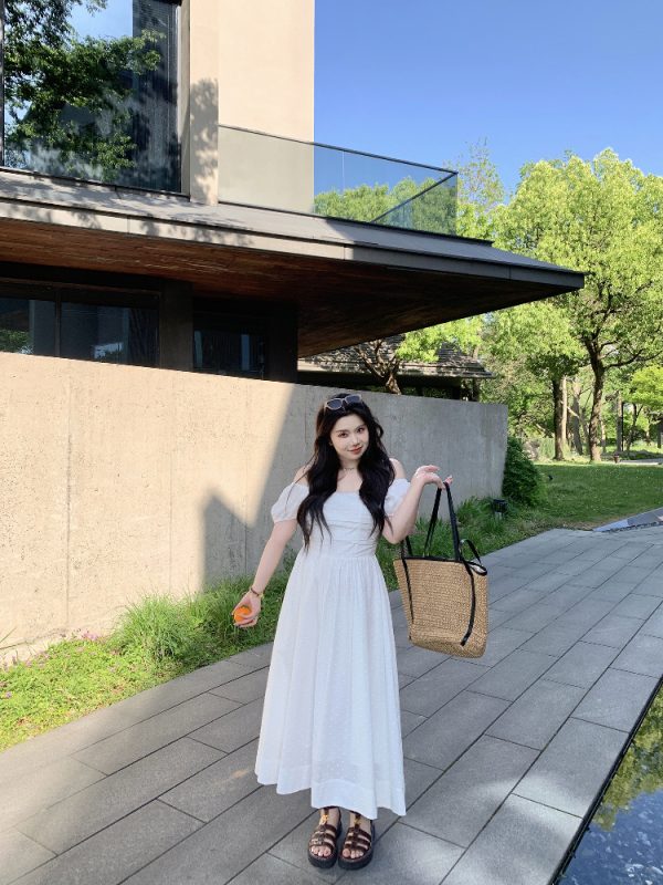 Off-Shoulder Little White Dress with Pleats, Embroidery, and Polka Dots â€“ South France Holiday Style