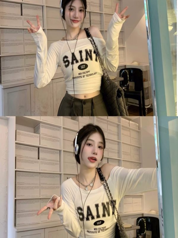 Off-Shoulder Long Sleeve T-Shirt for Women - European and American Style, Spring Versatile Thin Sun Protection, Slim Fit Top