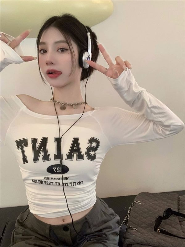 Off-Shoulder Long Sleeve T-Shirt for Women - European and American Style, Spring Versatile Thin Sun Protection, Slim Fit Top