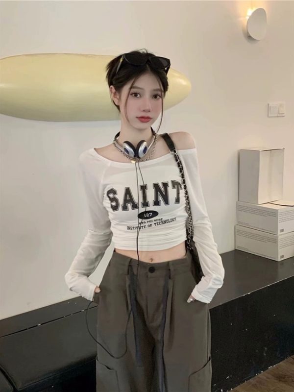 Off-Shoulder Long Sleeve T-Shirt for Women - European and American Style, Spring Versatile Thin Sun Protection, Slim Fit Top
