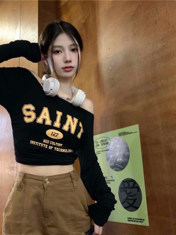 Off-Shoulder Long Sleeve T-Shirt for Women - European and American Style, Spring Versatile Thin Sun Protection, Slim Fit Top