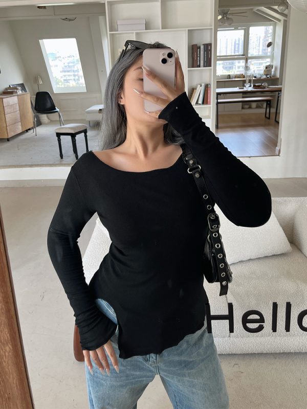 Off-Shoulder Long Sleeve T-Shirt for Women - Slimming Autumn Design, Low Neck Sexy Top, Trendy Y2K Style