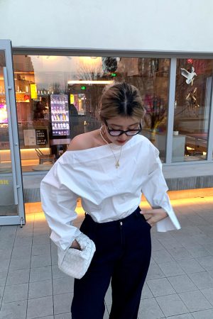 Off-Shoulder Long Sleeve White Shirt for Women - Unique Spring Fashion Top, Trendy 90s Style
