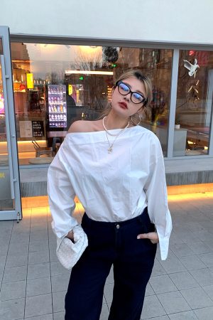 Off-Shoulder Long Sleeve White Shirt for Women - Unique Spring Fashion Top, Trendy 90s Style