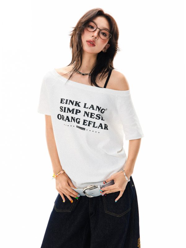 Off-Shoulder Loose White Short Sleeve T-Shirt for Women - Casual Summer Top, Spicy Girl Style, Versatile Slanted Shoulder Design