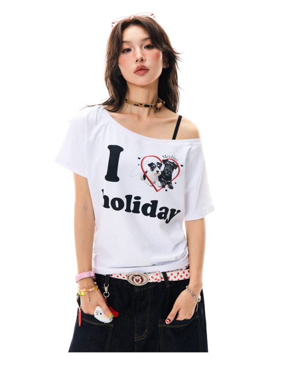 Off-Shoulder Puppy Heart Print Short Sleeve T-Shirt for Women - Vintage American Style Summer Top for Hot Girls