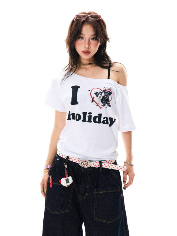 Off-Shoulder Puppy Heart Print Short Sleeve T-Shirt for Women - Vintage American Style Summer Top for Hot Girls