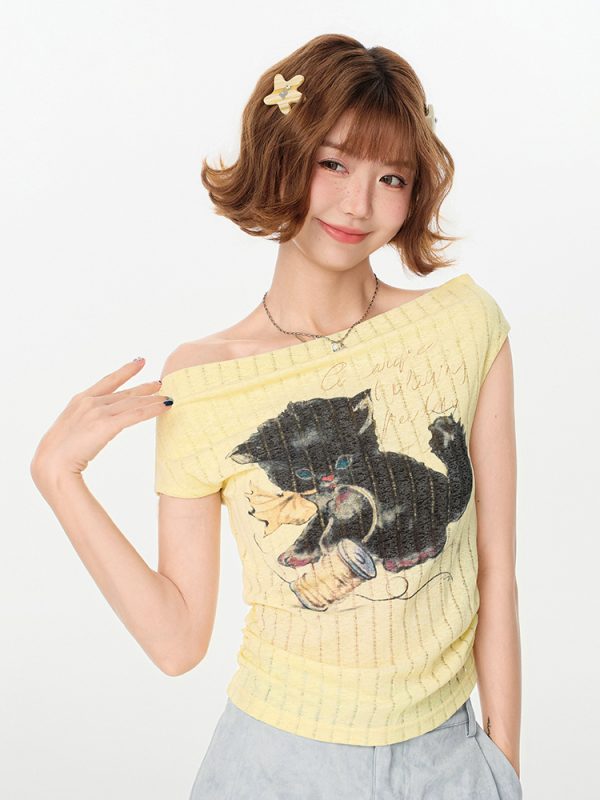 Off-Shoulder Retro Printed T-Shirt for Women, Drop Shoulder, Waist-Cinching, Slimming Summer Top, Y2K Style