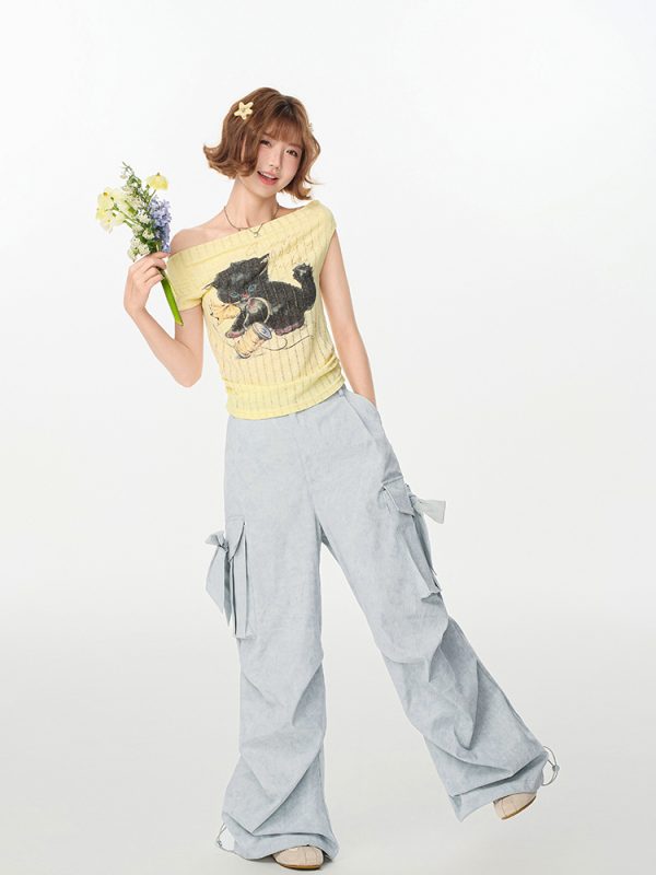 Off-Shoulder Retro Printed T-Shirt for Women, Drop Shoulder, Waist-Cinching, Slimming Summer Top, Y2K Style