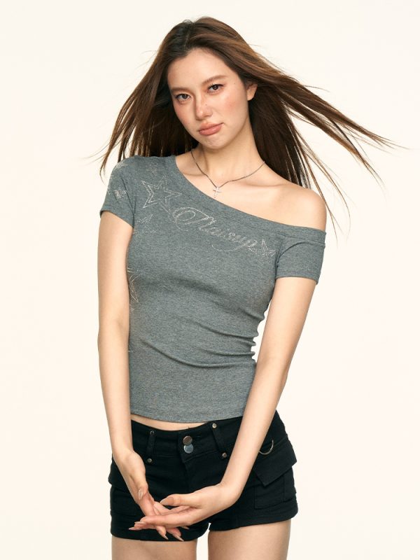 Off-Shoulder Rhinestone Letter T-Shirt for Women - Spicy Girl Summer Slim Fit Short Sleeve Top, American Style Fashion Trend