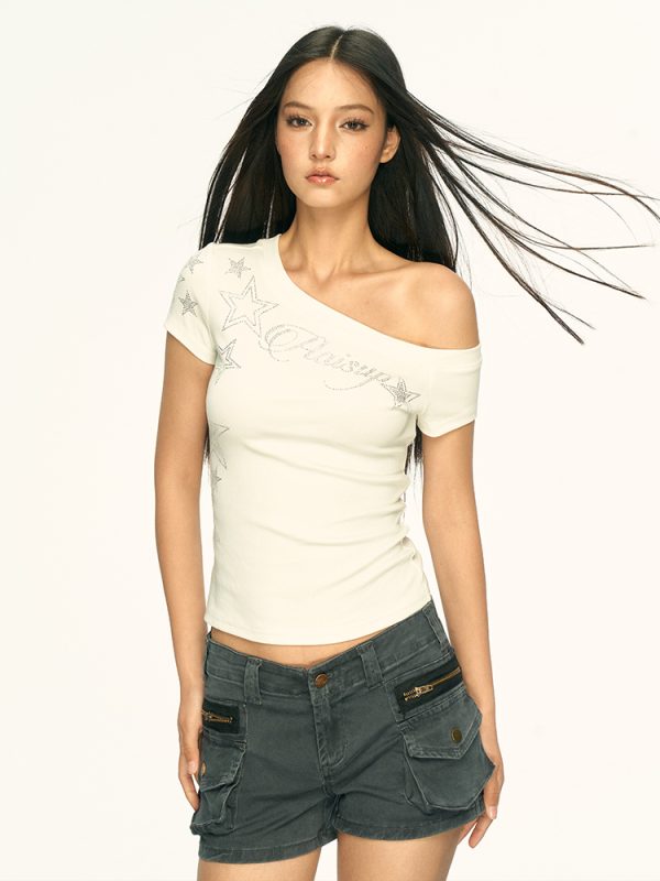 Off-Shoulder Rhinestone Star Letter T-Shirt for Women - Summer Slim-Fit Short Sleeve Top with Sexy Vibe