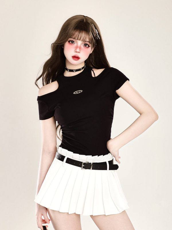 Off-Shoulder Sexy T-Shirt for Women - Handmade Slim Fit Summer Top in Pure Desire Style, Waist-Defining Short Sleeve Fashion